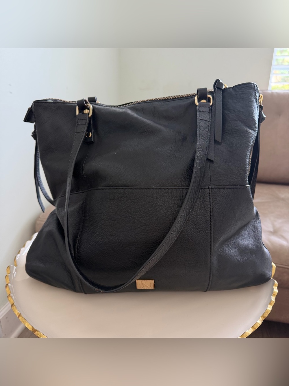 Kooba Everette Black Leather Expandable Side Zip Large Tote Shoulder Bag Y2K